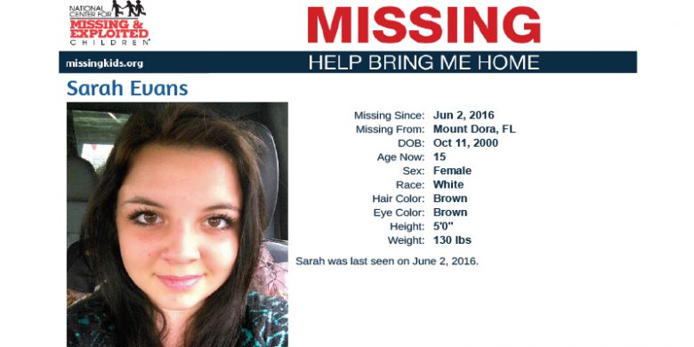 Sara Evans missing teenager from Mount Dora