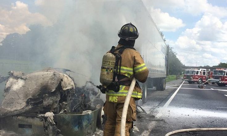A semi-truck caught fire while traveling northbound on I-75 just north of Exit 358 in Ocala Friday afternoon.