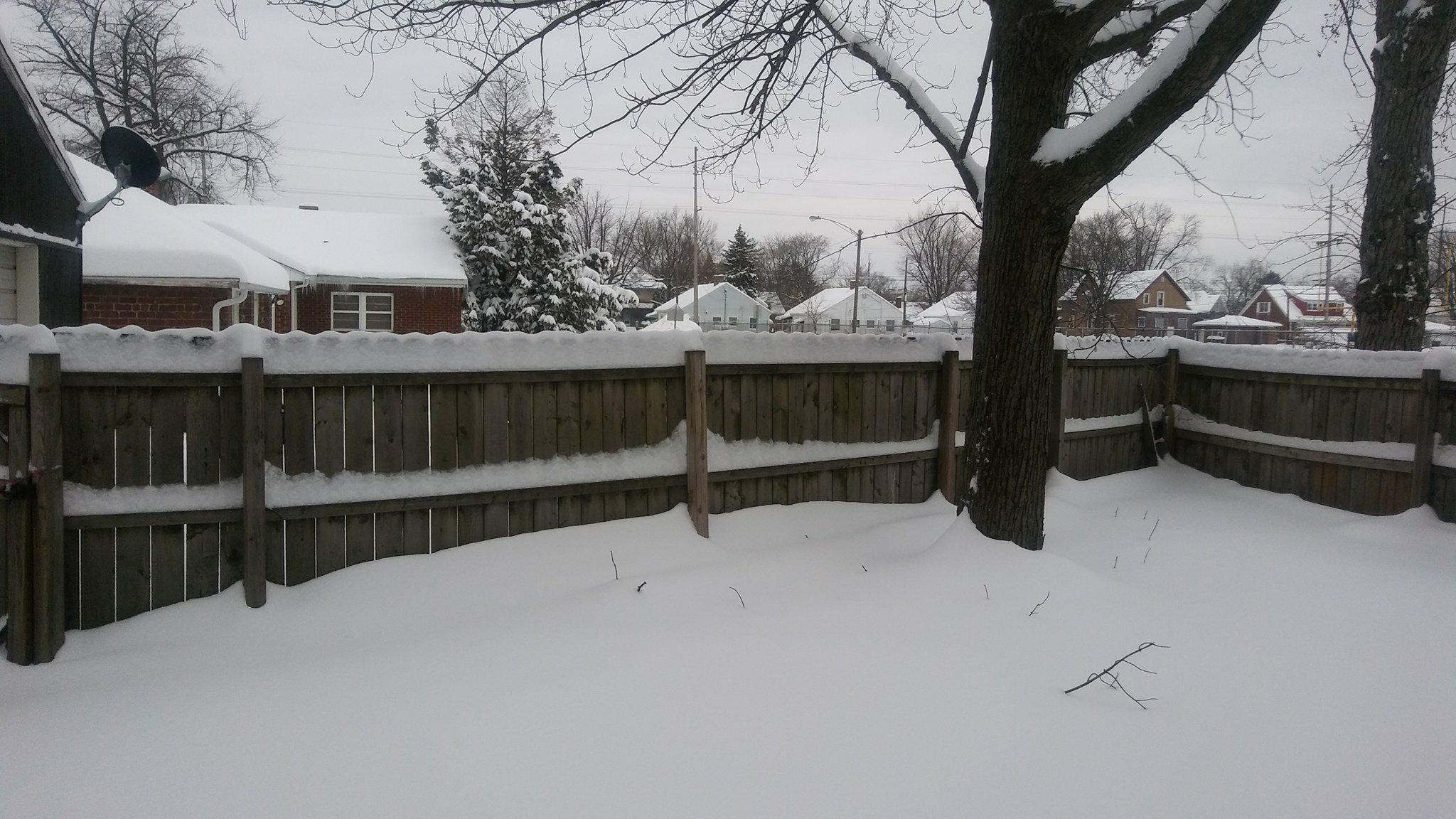 A Michigan City back yard is covered in snow reaching the middle of their fence throughout the yard.