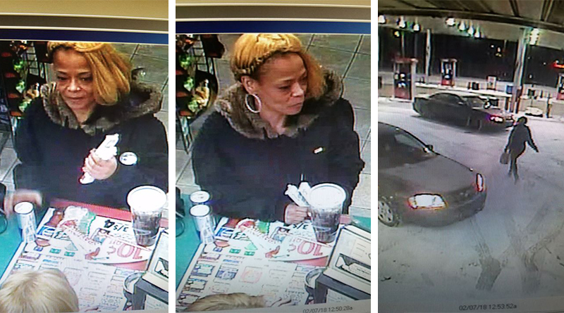 Video surveillance footage shows a woman police are searching for as a person of interest in connection to a theft at a local Speedway gas station Wednesday morning.